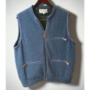 Harley of Scotland Mens 100% Wool Full Zip Knit Vest Blue Lined Size M